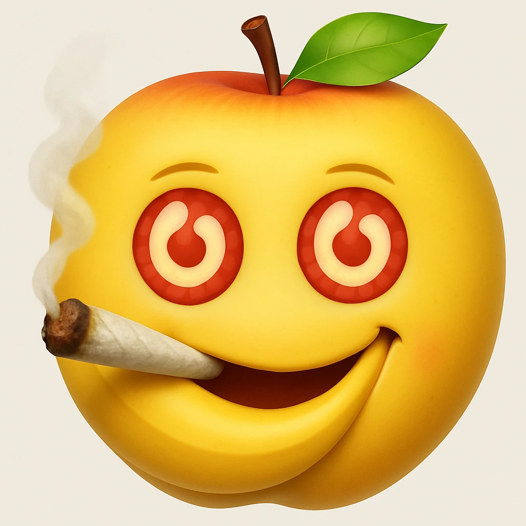 Add a cartoon joint with smoke to the smiley face made of apples as eyes and a banana as the mouth. Make it look like the face is smoking weed, keep the emoji style. emoji