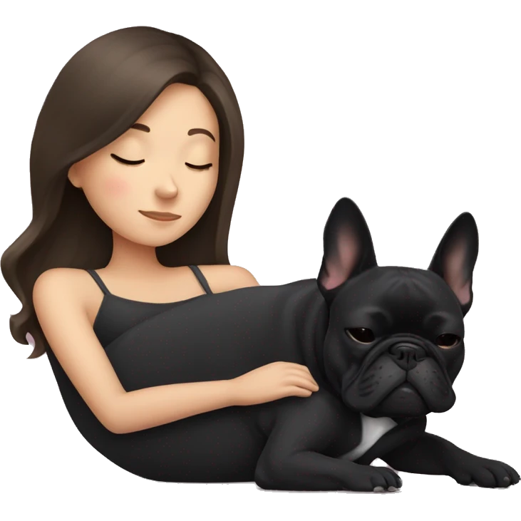 brunette girl sleeping with a black french bulldog emoji