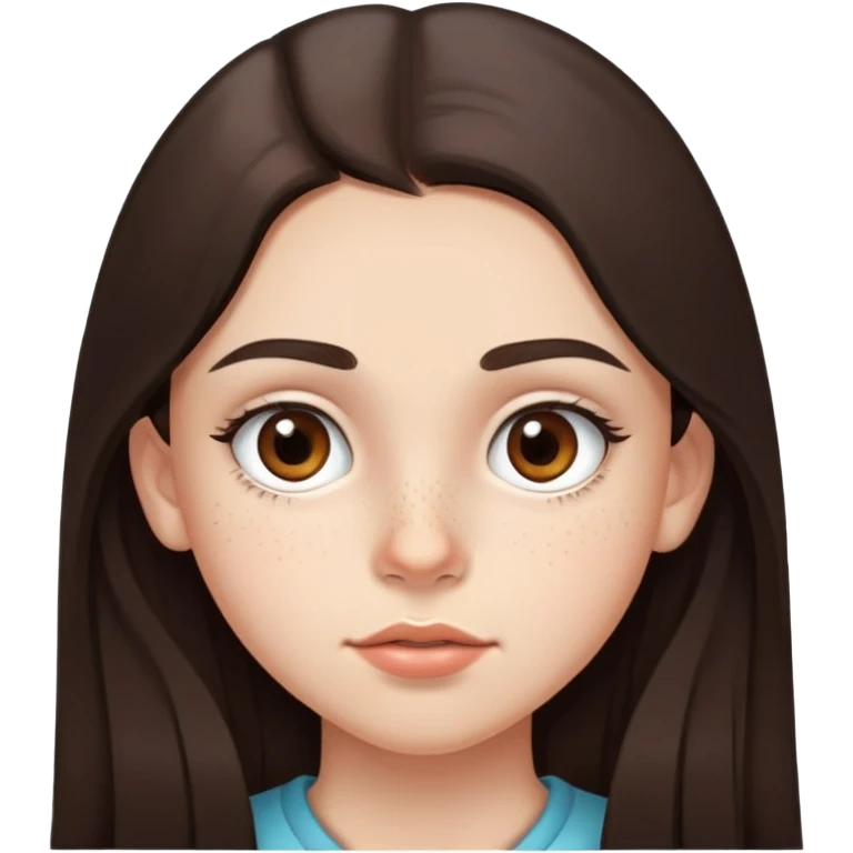 A 12-year-old girl with very long dark brown hair, light brown eyes, thick eyebrows, slightly big lips, a small freckle on her cheek and another small freckle under her eye emoji
