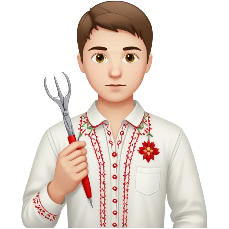 Ukrainian young man in a white embroidered traditional shirt holding a red thread with a needle and pliers emoji
