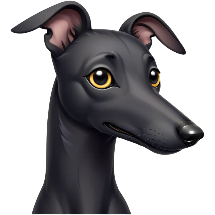 Cinematic Cute Black Greyhound Portrait Emoji, Head tilted playfully and inquisitively, featuring a smooth, shiny jet-black Fur and round, sparkling dark eyes filled with curiosity, Simplified yet irresistibly adorable features, highly detailed, glowing with a warm, friendly glow, high shine, affectionate and agile, stylized with a touch of whimsy, bright and endearing, soft glowing outline, capturing the essence of a mischievous yet loving racer, so playful it feels like it could dash out of the screen and into your arms! emoji