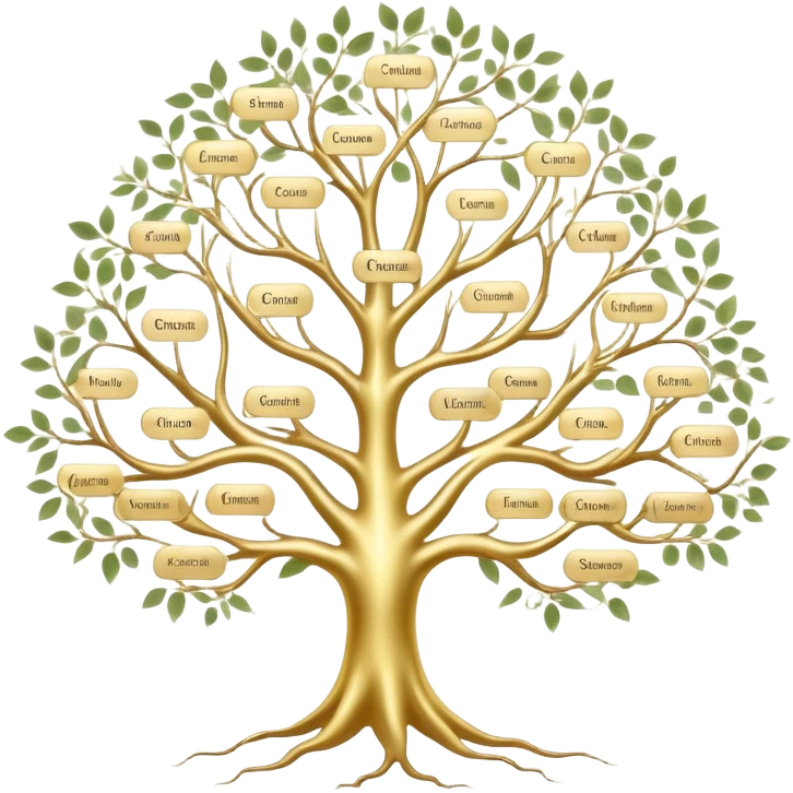 Tree of ancestral connections with ethereal, flowing branches linking generations, dreamy translucent family tree emoji