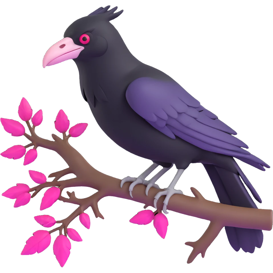 3D gothic raven with pink eyes, perched on a branch, elegant and dark emoji
