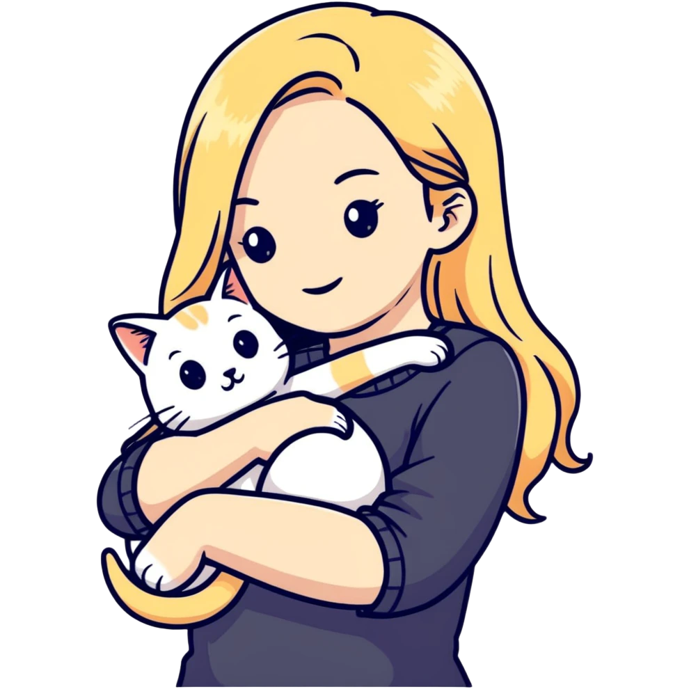 pretty woman with pale skin, very long blonde hair hugging a cat emoji