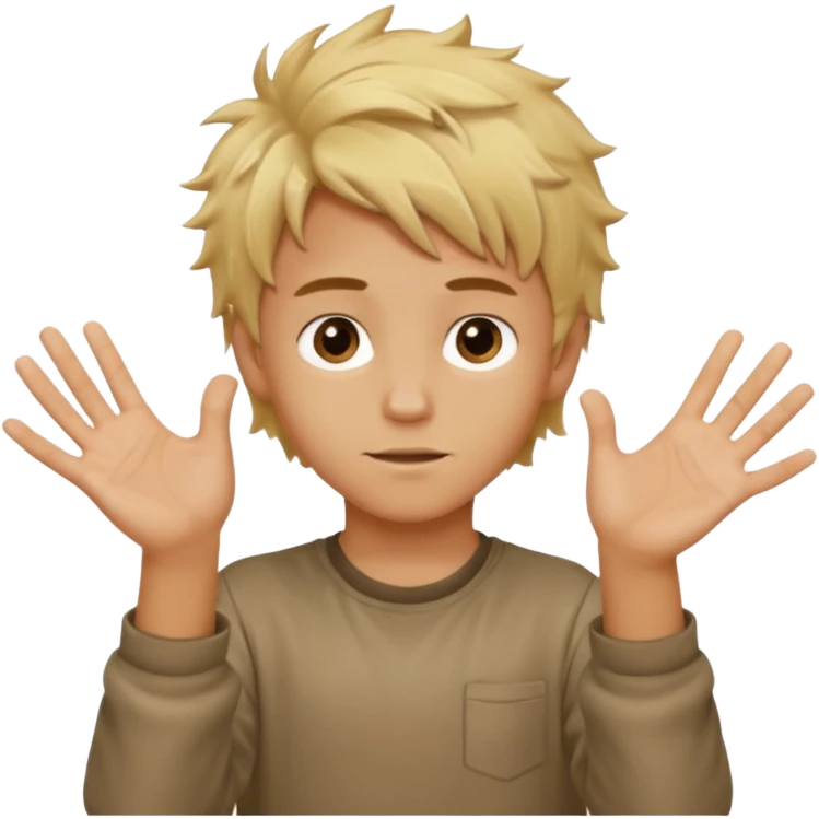 White young boy with mouth out and blonde messy hair with his hands out one has a 6 on it the right has a 7 on it emoji