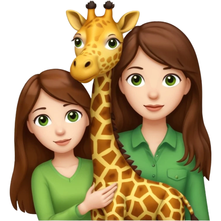 woman with long brown hair green eyes girl emoji pulling up a giraffe plushie emoji
