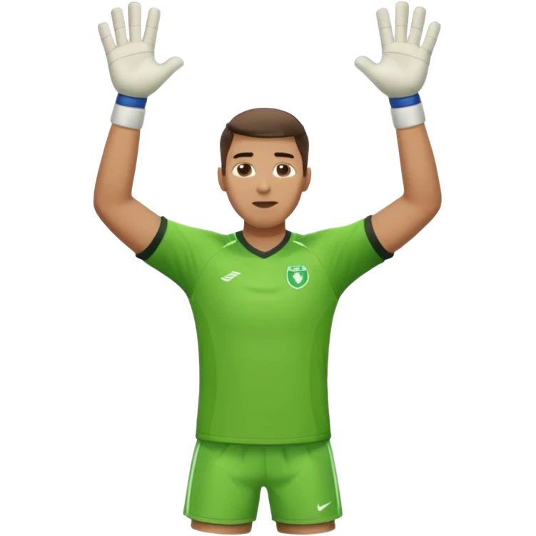 goalkeeper, standing, wearing a green shirt, shorts, socks and football trainers, with arms raised emoji