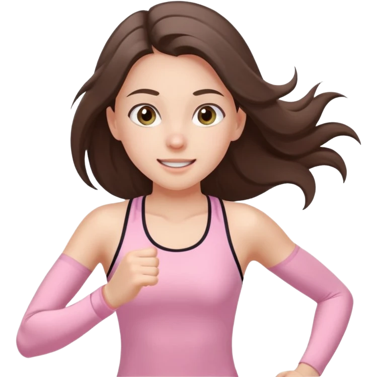 white happy brunette teen long hair with hazel eyes in light pink workout clothes jogging through finish line emoji