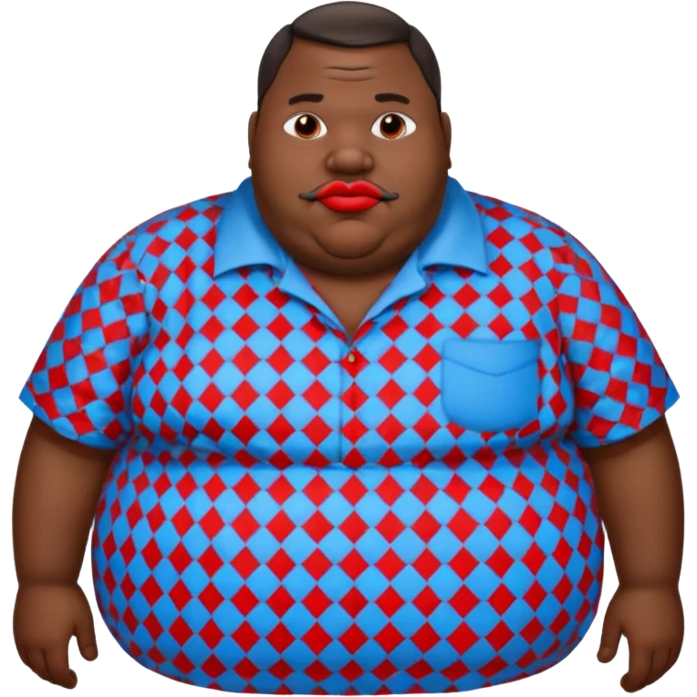 an extremely obese man with extremely dark skin and giant red lips wearing a blue-and-gray shirt emoji