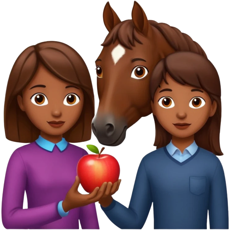 a dark skinned boy and a brown haired girl giving an apple to a horse emoji