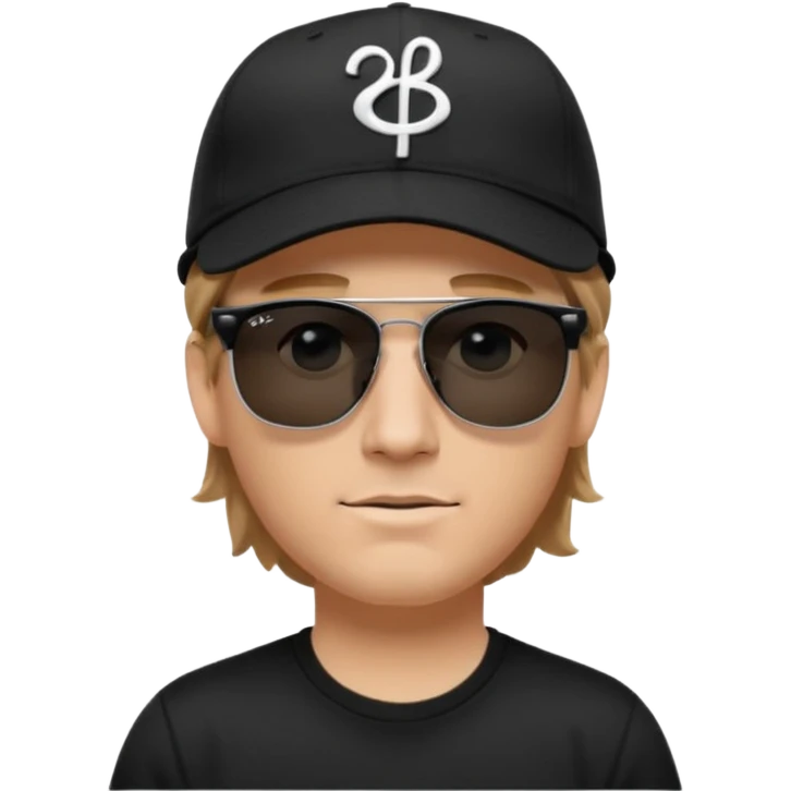 “Emoji of a white man with light brown hair under a black baseball cap, wearing a black t‑shirt and 1980s‑style black Ray‑Ban rectangle sunglasses, with black musical notes floating around his head, modern iOS emoji style. emoji