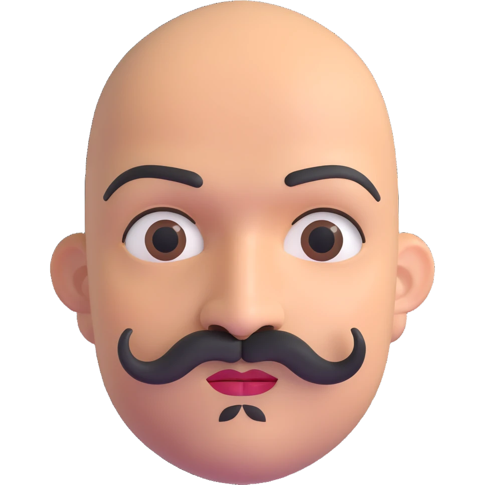 Bald man with smooth oval head, indigenous facial features, 37 years old, with only a mustache and thin beard connecting chin to lips, memoji style emoji