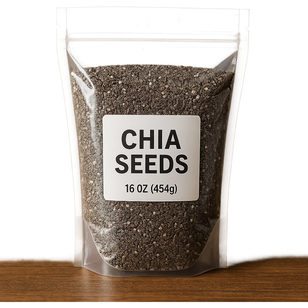 chia seeds, photorealistic, transparent bag with visible label emoji