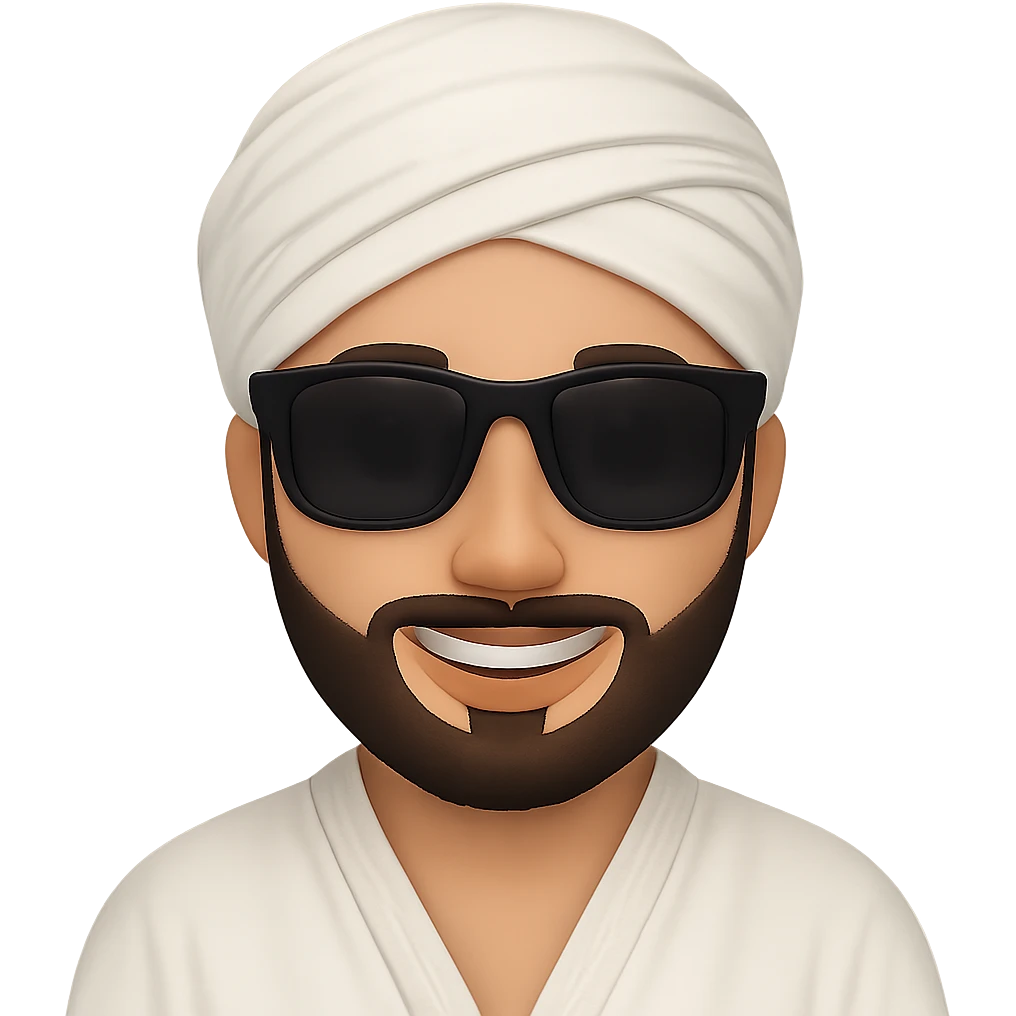 Emirati man smiling with a neatly groomed beard, wearing white robe and headscarf, add sunglasses. The image should have no background. Maintain the neat grooming and traditional attire clearly in the style of an edited image. emoji