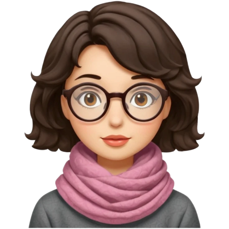 A shy brunette hair wavy short hair woman with big round glasses and thick scarf, blushing from the cold. emoji