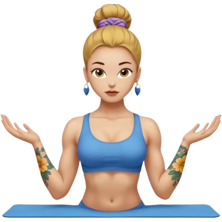 sexy and fit, well muscled torso and biceps, european sexy girl, nude body, yellow-brown slavic hair in bun, sexy nude body, floral tattoes, blue-grey eyes, active yoga, sexy colored lips emoji