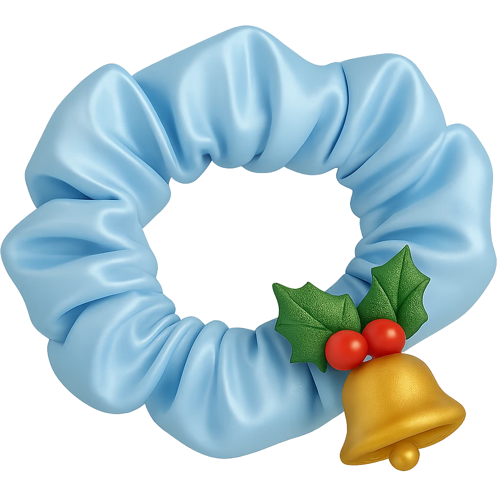 Add small holly leaves and berries next to the Christmas bell charm on the pastel blue silky scrunchie, keep the 3D emoji style and shimmer effect. Remove the background. The original style is 3D emoji style which does not support editing, so use a general style editor while respecting the 3D emoji look. emoji