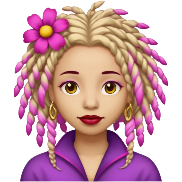 Gold dread locs pink emoji face purple flower in the hair red lipstick emoji