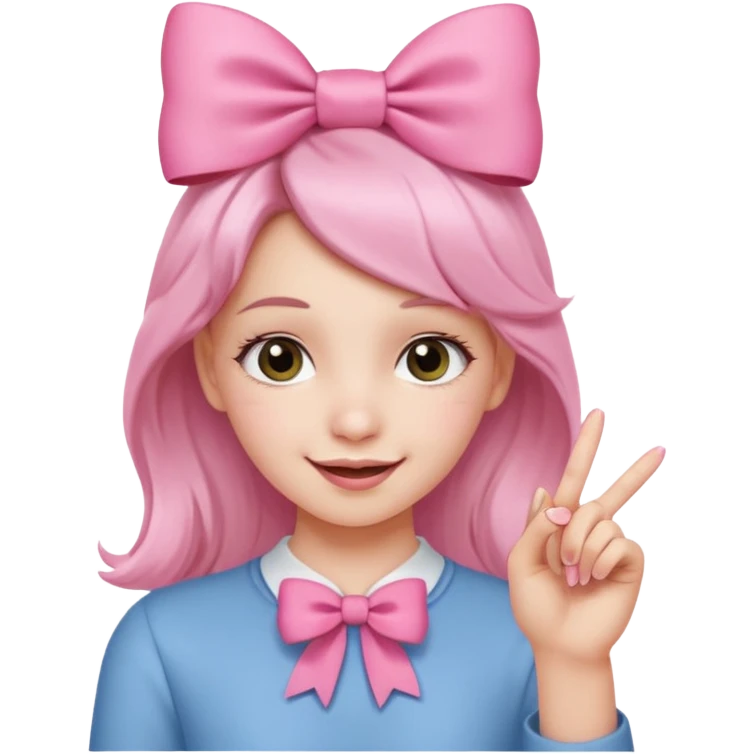 Chica sonriendo con un lazo rosa en la cabeza y mordiendose la punta del dedo indice con delicadeza y la otra mano que no salga emoji
