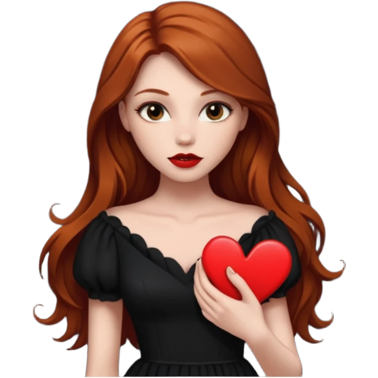  woman flirting long dark ginger hair dark make up holding a broken heart black dress emoji
