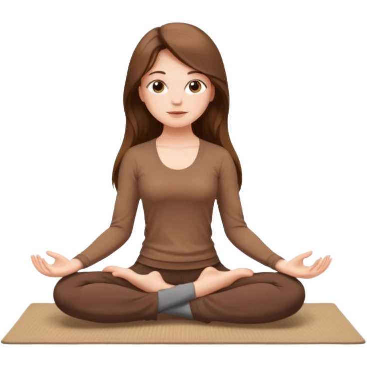 Brown long hair, white skin European girl sitting on a beige rug doing yoga, brown clothes emoji