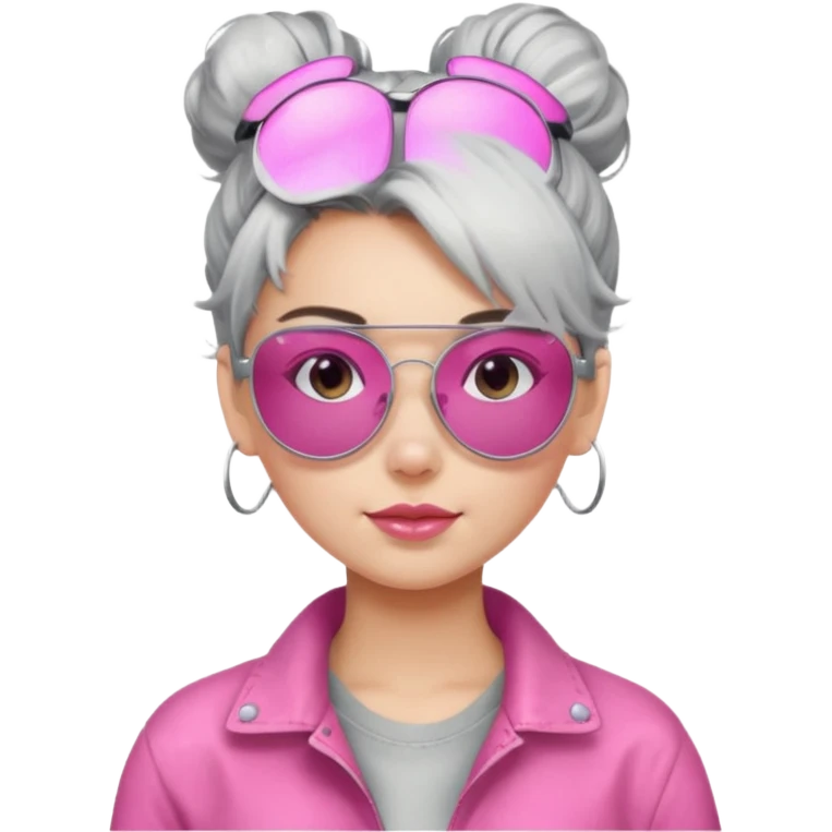 Girl with silver messy hair bun with pink aviators emoji
