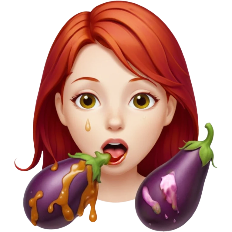 Girl with red hair licks with pleasure on a long wet dripping eggplant emoji