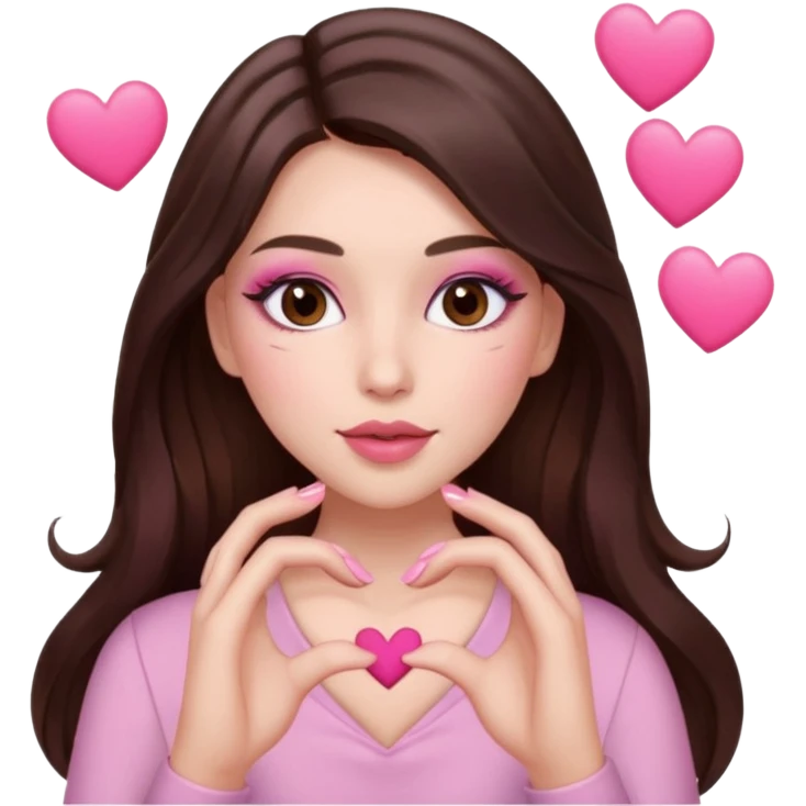 Pink and brown emoji, love emoji inspired with brunette hair, brown eyes, long hair, heart shape lips and pink make up making a heart with her hands and pink nails, mauve pink blush emoji