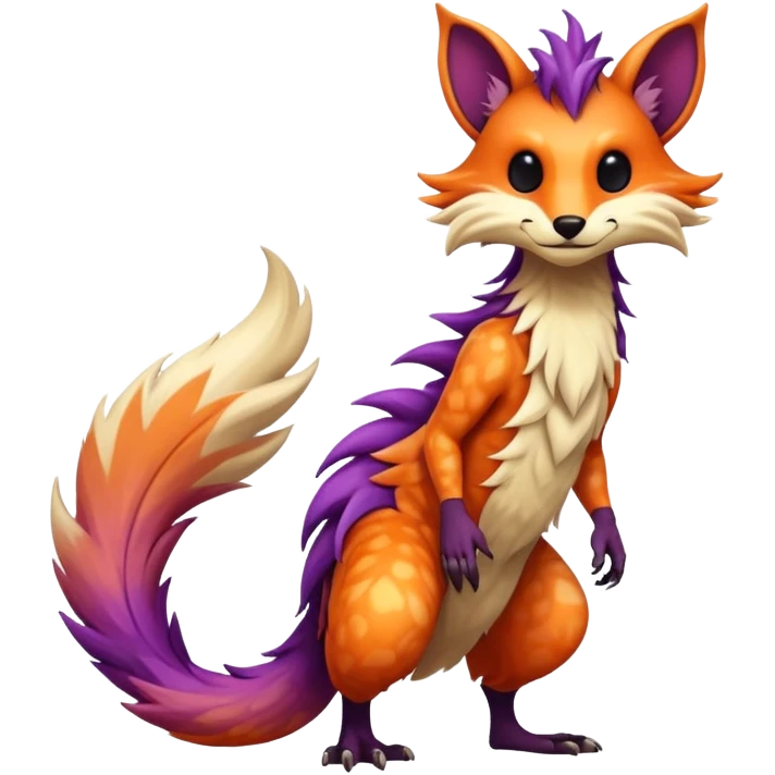 Cool randomly colored colorful furry anthropomorphic fantasy-Vernid-creature by LiLaiRa with a long tufted tail with edgy markings (full body) emoji