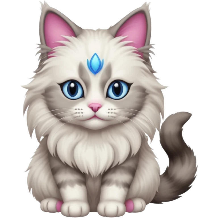 Neva masquerade cat, very fluffy, gray and white, blue eyes and pink nose emoji