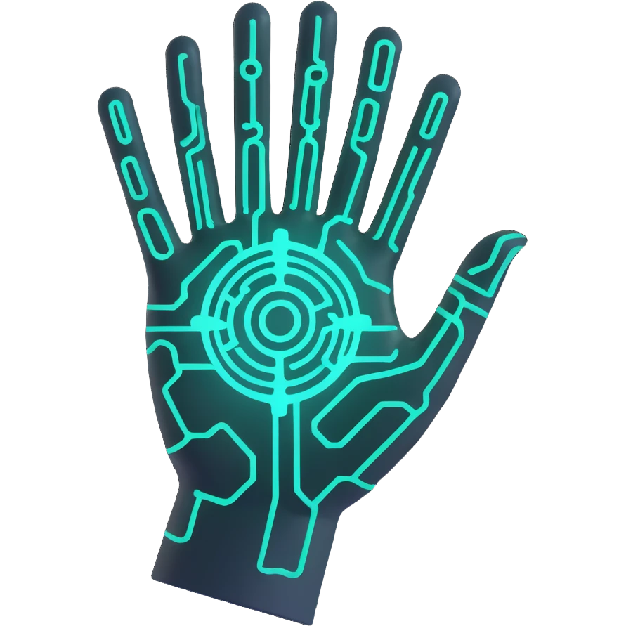 abstract AI symbol autonomous agent, glowing core, circuit patterns, floating above a hand, techy and modern emoji
