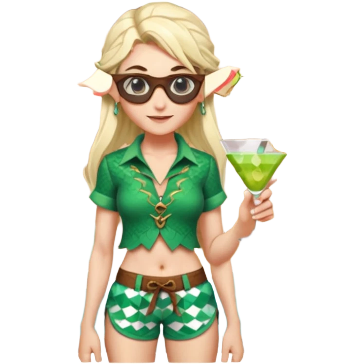 elf female legolas portrait, patterned board shorts (geometric/abstract), unique wooden-framed sunglasses, undercut hairstyle, slight smirk, visible pointy ears, no background, centered emoji, hipster summer vibe coctails  emoji