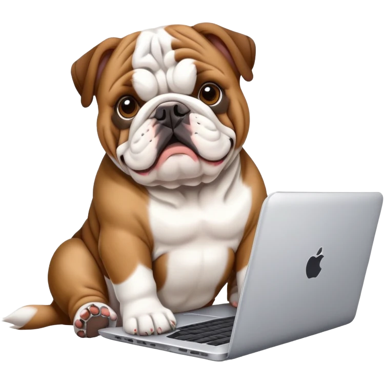 English bulldog sitting with a laptop emoji