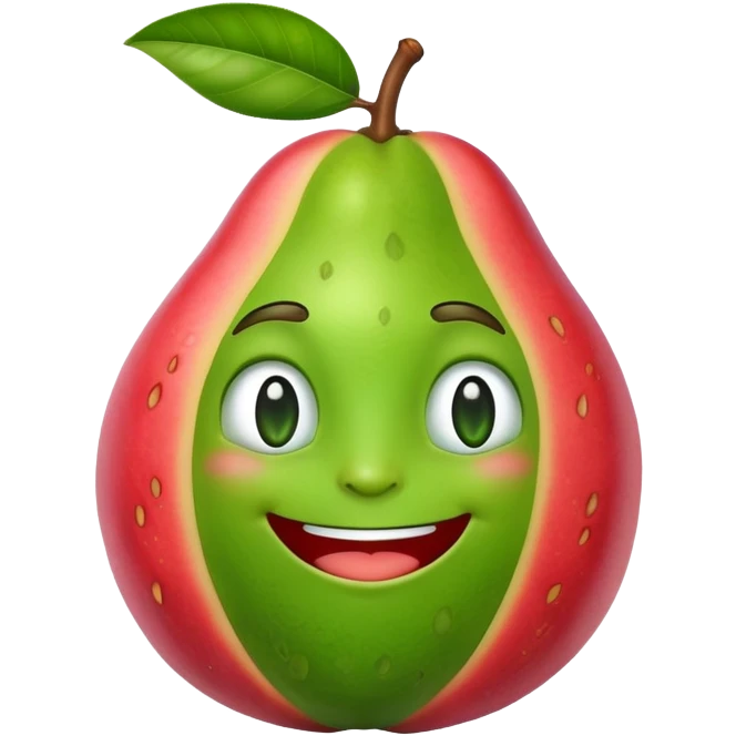 A cartoon guava character with a smiling face emoji