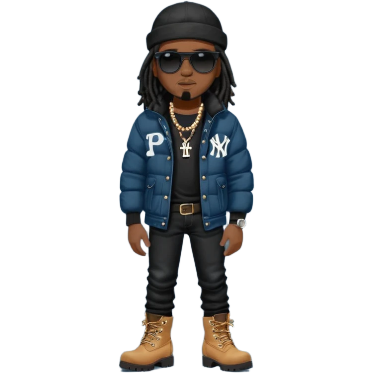 African American man with shoulder length black dreadlocks with black bead wearing black sunglasses with wearing denim skinny jeans wearing black bubble winter coat wearing black New York Yankees baseball hat and  timberland boots with arms folded emoji