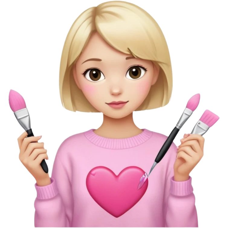 girl with short blonde hair with heart sweater and pink brushes emoji