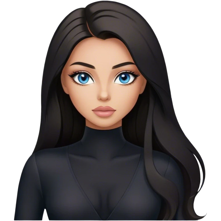 Glamours make-up, tanned, beautiful, girl, with blue eyes, big pump peach-beige-rose lips, eyeliner, long lashes, black straight smooth silky long hair, parting hair in the middle,  in black v-neck bodysuit long sleeves emoji