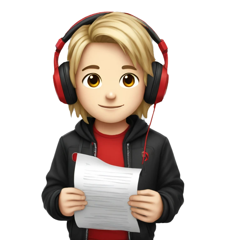 A chibi boy with long hair, in a black jacket with a red T-shirt, wearing marshall major 4 headphones, reads the text from a piece of paper emoji