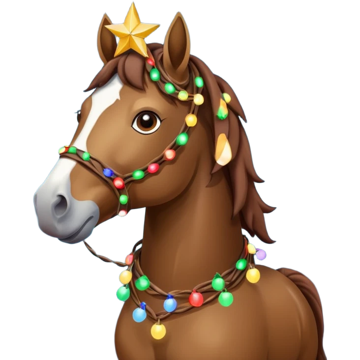 Horse rapped in Christmas lights with star on head emoji