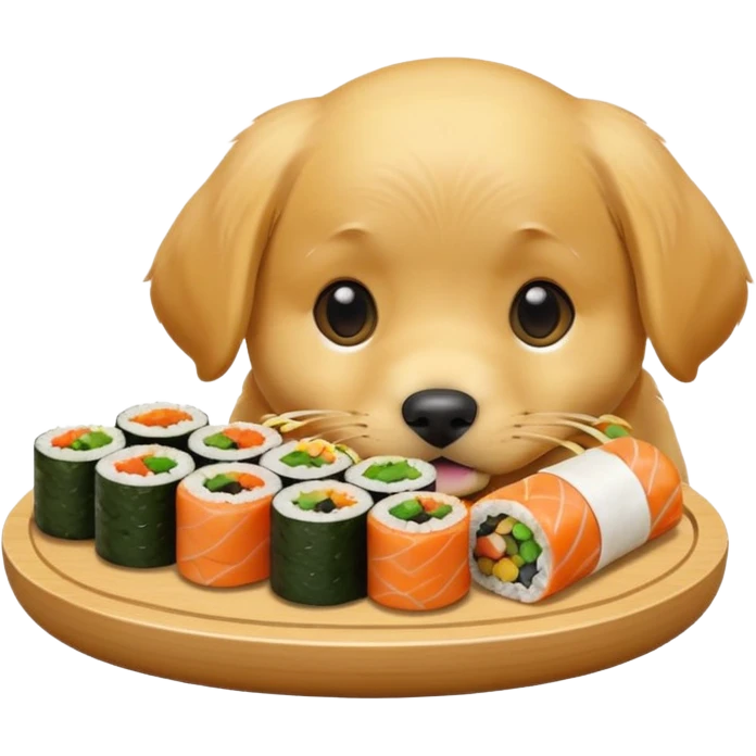 A cute golden retriever puppy eating gimbap in iPhone emoji style, soft 3D glossy texture, bright vivid colors, no outlines, centered composition, transparent background. emoji