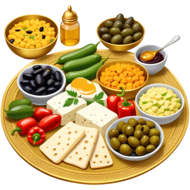 A beautifully arranged Middle Eastern breakfast spread, served in elegant golden plates., cucumbers, and bell peppers, along with olives, dates, and cheeses. There are also classic breakfast staples like scrambled eggs, cold cuts, honey, jam, and creamy cheeses.  emoji