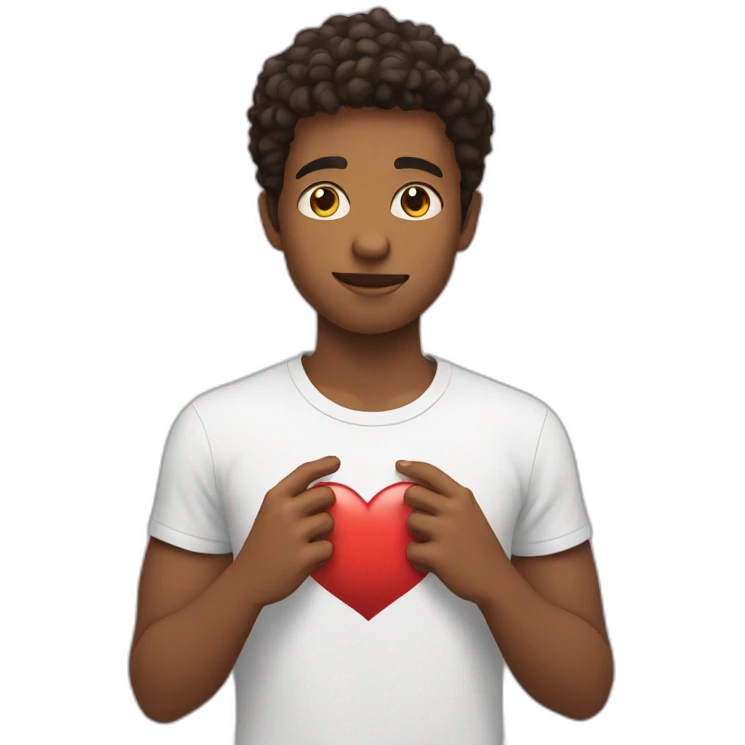 young man touching his chest, wearing a heart t-shirt emoji