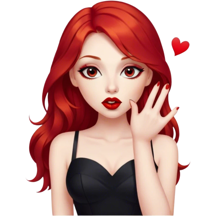 a pretty woman with long red hair and red eyes. The woman wear a black little cutted dress. She have red lipstick and she have a seductive look. She do a kiss. Very cute graphics emoji