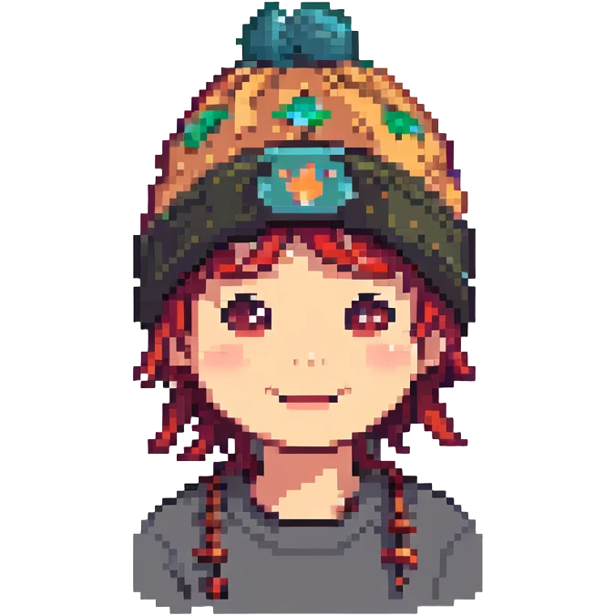 Transform this character into pixel art style, streamer wearing a Kaytan beanie, joyful expression, transparent background, keep the facial resemblance from the photo. emoji
