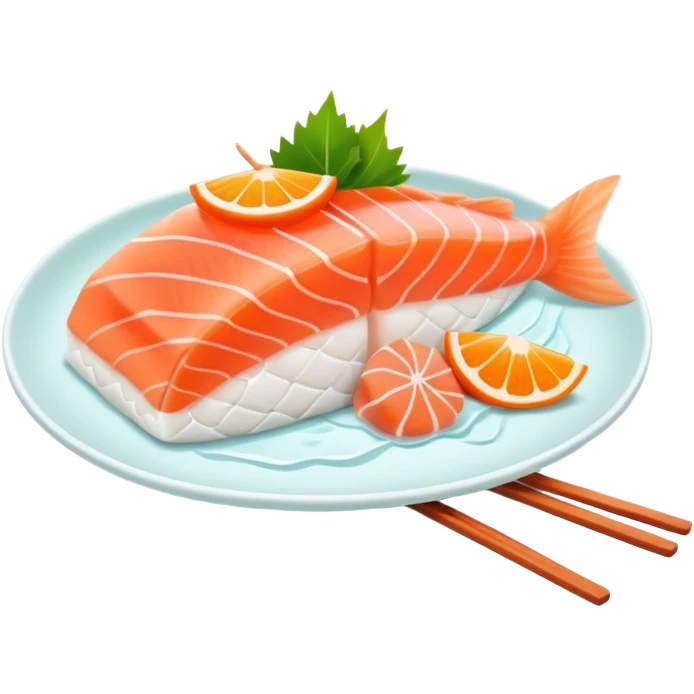 Cute Kawaii Sashimi Slice, delicate and fresh, bright orange salmon with soft pastel textures, an adorable happy face, tiny chopsticks lifting it, gentle glowing highlights! emoji