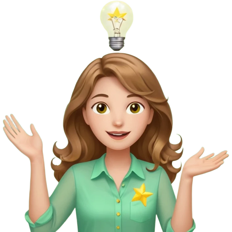 Joyful and imaginative woman with fair skin, long wavy light brown hair, hazel eyes, wearing a light green blouse with yellow accents, holding a glowing lightbulb and gesturing outward. Surrounded by stars, sparkles, speech bubbles, a paper plane, and a small heart. Waist-up, front-facing emoji