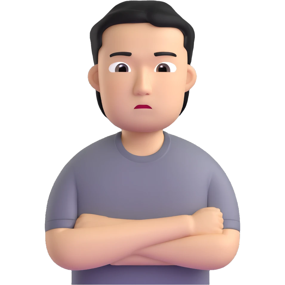 Asian man in a gray shirt with a frown emoji