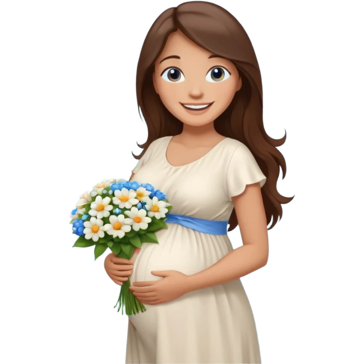 Create a cute emoji-style illustration of a young brunette woman with long brown hair, blue eyes, and a happy smile. She is pregnant, shown with a visible baby bump, wearing a simple white dress and holding a small bouquet of flowers. She looks excited and joyful, as if she's about to marry soon. emoji