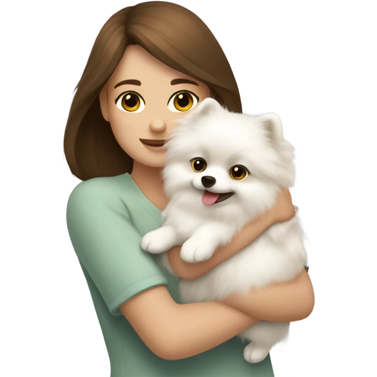 girl with brown hair hug white Pomeranian emoji