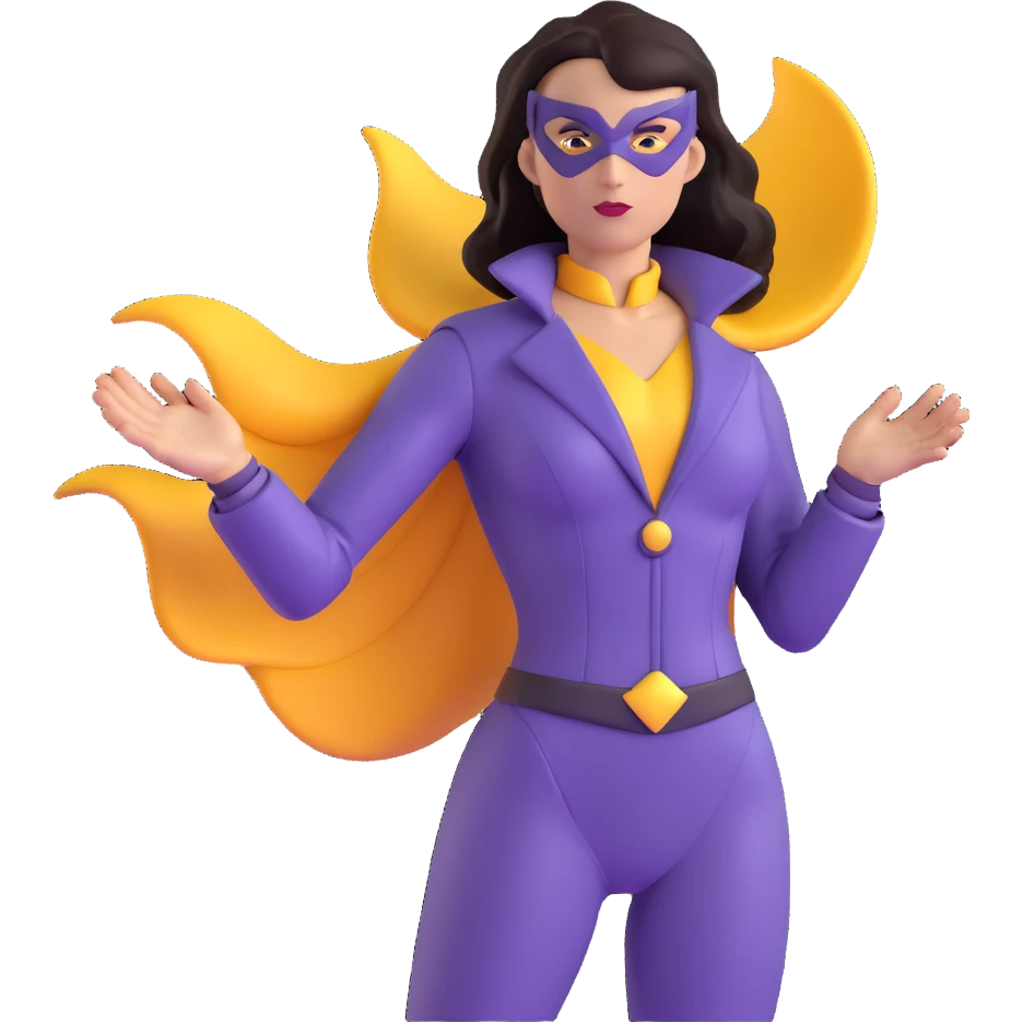 female superhero in a soft purple and black suit, magic swirling from hand emoji